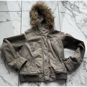 VTG HOLLISTER GRAIL Y2K Olive Bomber Flannel Lined Detachable Fur Trim Hoodie